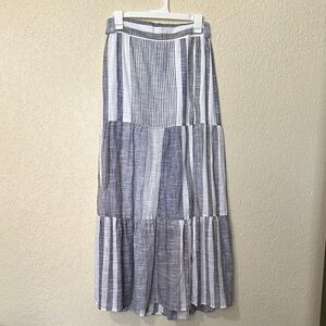 Angie Striped Linen-Blend Tiered Maxi Skirt - Gray & White S